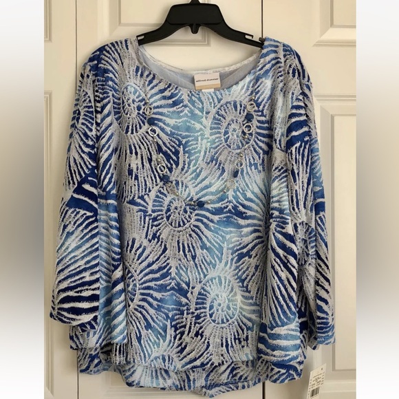ALFRED DUNNER WOMEN'S TUNIC PLUS SIZE 2X BLUE/WHITE SEASHELL NEPTUNE BEACH PS280 - Picture 2 of 8